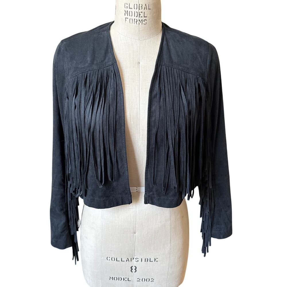 Abercrombie & Fitch Cropped Fringed Black Vegan Suede Jacket Size Small